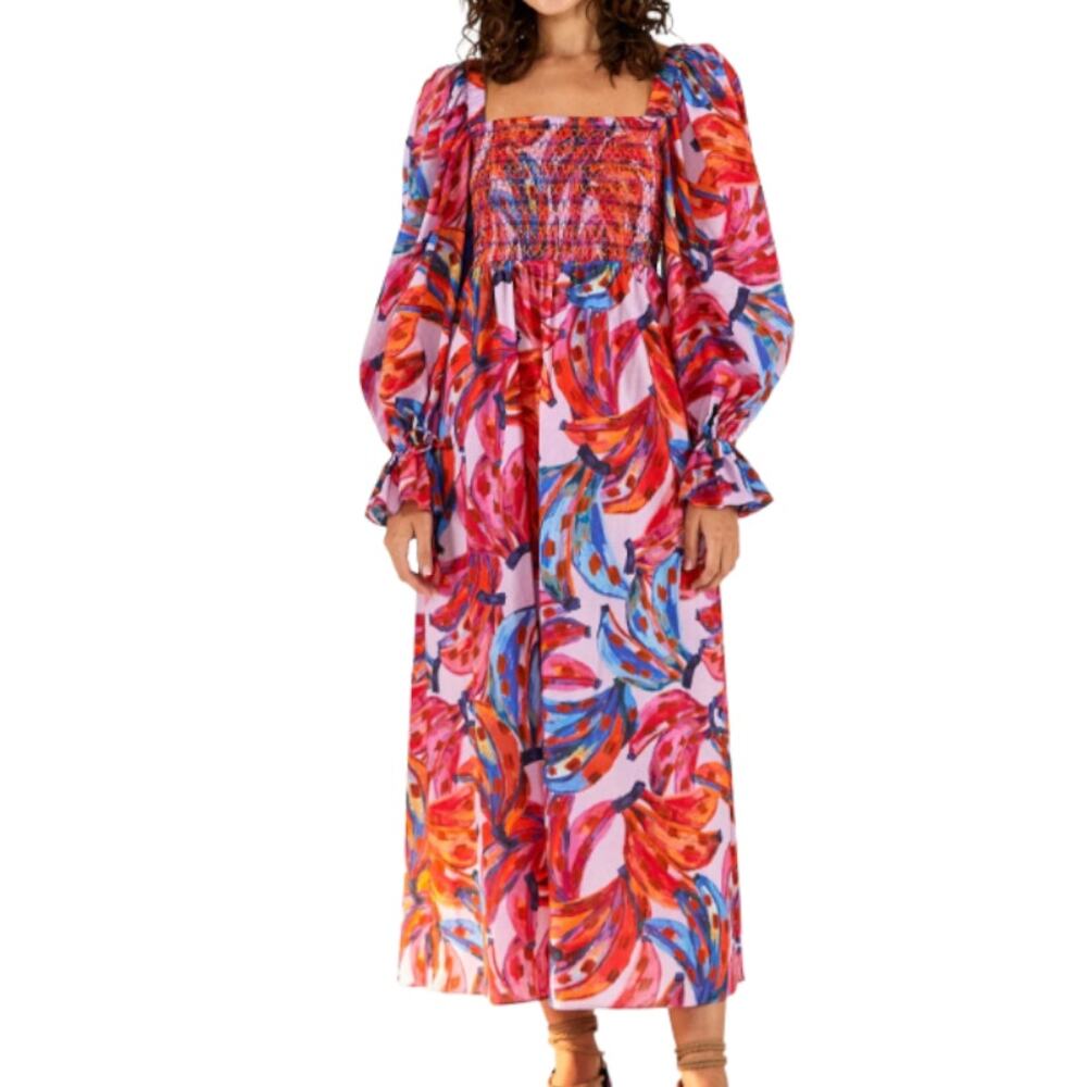 Farm Rio Colorful Bananas Puff Long Sleeve Smocked Maxi Dress Red Purple Small